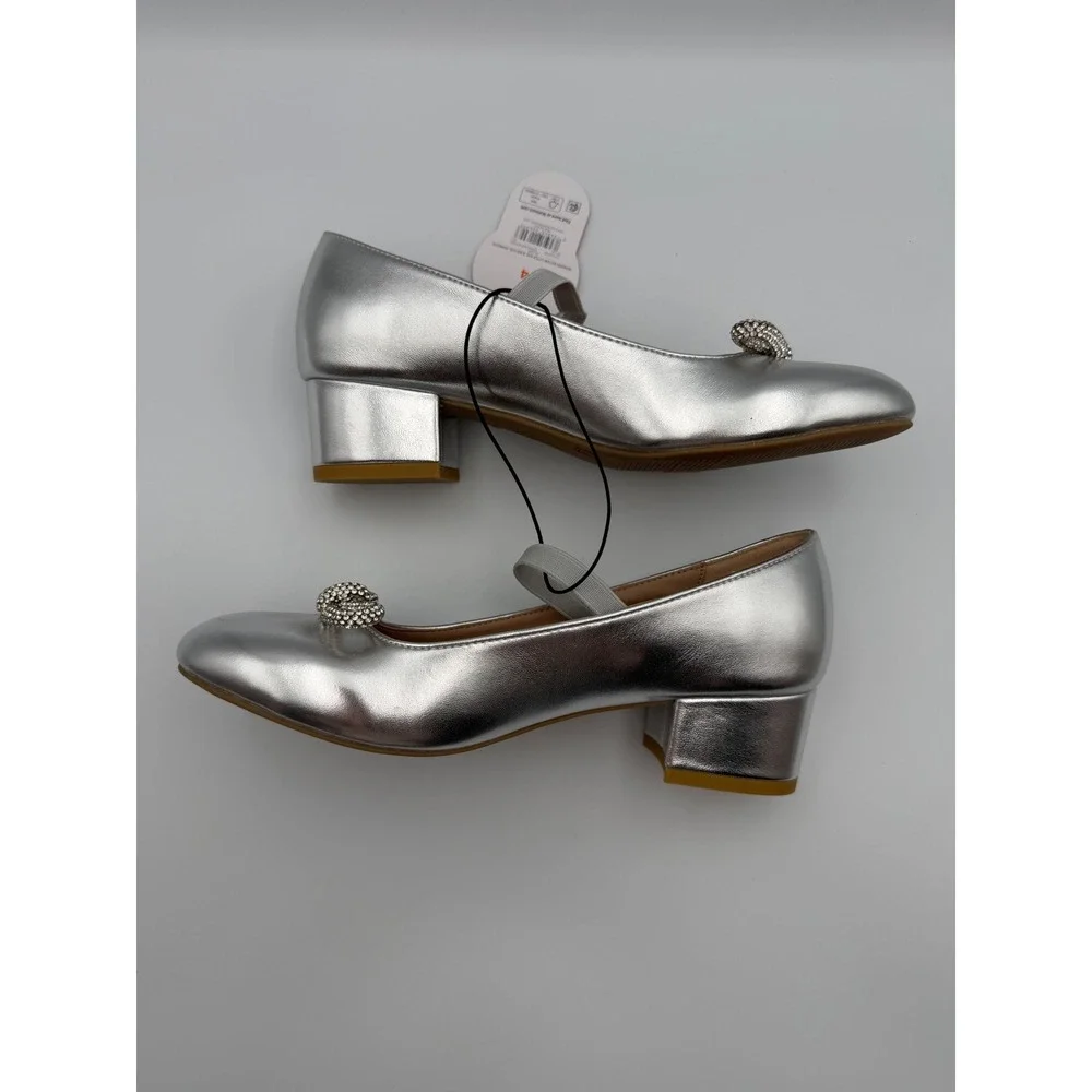Wonder Nation Girls Silver Metallic Mary Jane Block Heels Sz4 Rhinestone Bow NWT